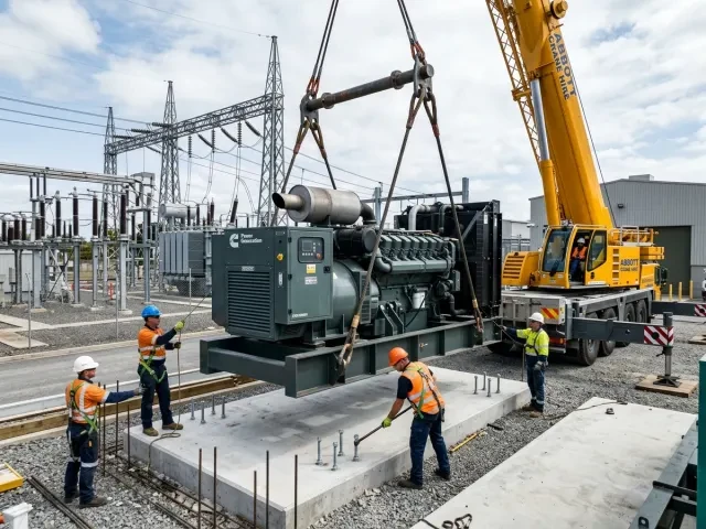 Industrial crane installing heavy silent diesel generator on concrete foundation